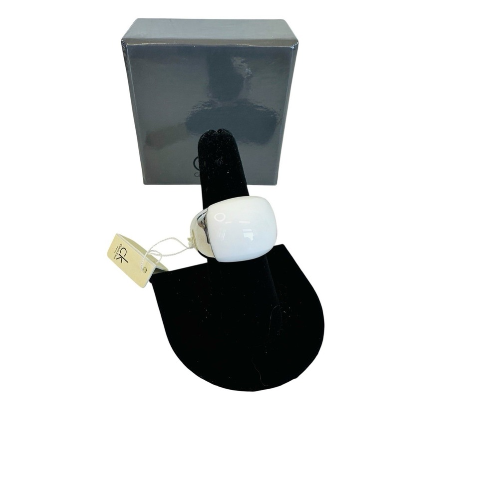 Calvin Klein Ellipse‎ White Tinted Glass Dome & Stainless Steel Ring Size 7 NWT